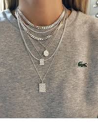 Silver Neclaces On Grey T Shirt Feminine Jewelry Layered Necklaces Silver Fashion