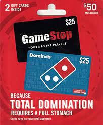 With each purchase of one set of d6 tournament dominoes, receive a free $5.00 domino's pizza gift card. Amazon Com Dominos Gamestop Pizza And Video Game Gift Cards Multipack Of 2 25 Gift Cards