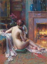 Nude with a fan in front of the fireplace., 51×70 cm by Dolphin Angolra:  History, Analysis & Facts | Arthive