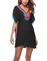 Bsubseach Women Embroidered Half Short Sleeve Swimsuit Cover Up Tunic Beach Dress Short Sleeve Embroide Women Swimsuits Crochet Beach Dress Swimwear Dress