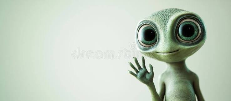 Friendly Alien Character with Large Eyes and Green Skin Waving Hello Stock  Photo - Image of whimsical, adorable: 373733810