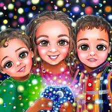 Three Children Art Print, Happy Family Dad, Mom, Three Superhero Kids,  Singing in the Rain, Superhero Paintings, 2 Boys 1 Girl, Vickie Wade