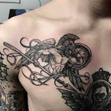 Mythical Ancient Soldier Tattoo Inked In Blackwork Style On The Right Side Of The Chest Soldier Tattoo Badass Tattoos Tattoos