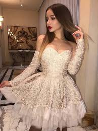 Unique Sweetheart Long Sleeves Lace Homecoming Dresses Cocktail Dresses In 2020 Short Graduation Dresses Party Dresses With Sleeves Champagne Homecoming Dresses