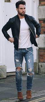 Chezrust With A Casual Fall Outfit With Ripped Denim Black Leather Jacket White T Shirt Brown Suede Chelse Mens Casual Outfits Mens Outfits Men Fashion 2017