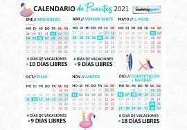 También pueden verse los calendarios mensuales en el 2021. Calendario De Puentes De 2021 Este Ano Toca Viajar Holidayguru Es