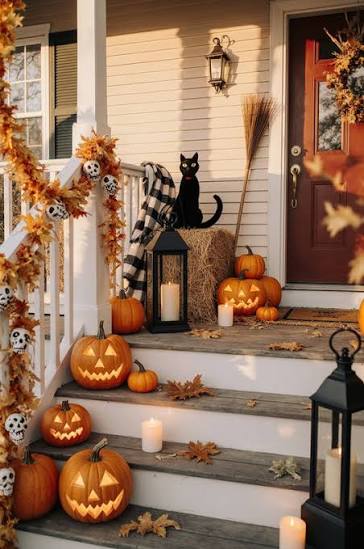 Pumpkin Porch with Black Cat 🐈‍⬛🎃 Stack pumpkins, lanterns, and cozy hay bales. Add a broom and cat for the perfect Halloween farmhouse look! 🍂🕯️👻"
