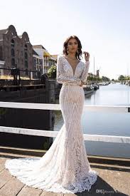 2020 Mermaid Wedding Dresses Lace Appliqued Deep V Neck Backless Long Sleeve Bridal Gowns Sweep Train Robes De Mariee Country Wedding Dress Glamorous Wedding Dr Long Sleeve Mermaid Wedding Dress Mermaid