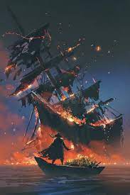 Pirate On Boat With Treasure Looking At Sinking Ship The Pirate With Burning To Sponsored Sinking Ship P Pirate Ship Art Pirate Art Fantasy Landscape