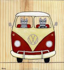 silver tabby vw road trip cat folk folk art cat folk art painting