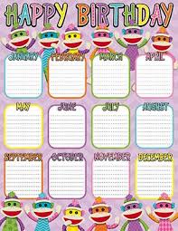 Colorful Sock Monkeys Birthday Chart Classroom Birthday