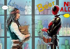 Deadpool Runs Into Captain Jack Sparrow At The Liquor Store Deadpool Funny Deadpool Marvel Memes