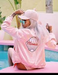 98 Valfre Bright Shiny Pink Bomber Jacket With Mermaid Shell Embroidered Detail Patterning Pale Pastel Pink Bomber Jacket Pink Bomber Blue Mirrored Sunglasses