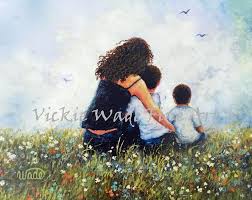 mother son and daughter art print blonde mother two children brother sister boy girl mom mum mother carrying kids vickie wade art boys room wall art mother painting brothers art