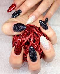 Red Black And Glitter Nails Pointed Stiletto Gel Nails With Red White And Black Glitter With Red Tinsel Black Nails With Glitter Red Nails Glitter Red Nails