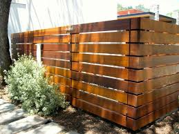 Dark Stained Wood Privacy Fence With Horizontal 2x6 Slats And Thick 4x4 Posts Gaps Appear To Be 1 Inch Between Slats Fence Design Fence Styles Backyard Fences