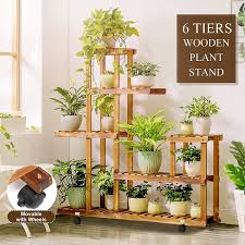 Rolling Plant Stand With Wheels Natural Wood 5 Tier Plant Shelf Indoor Outdoor Flower Pot Display Rack Holder Patio Stand For Home Garden Decor Walmart Com In 2020 Plant Stand Indoor