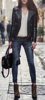 Dark Denim Bottoms Cream Black Jacket Print Flats Leather Jacket Outfits Jacket Outfits Fashion