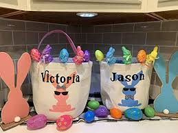 Easter baskets are typically filled with easter eggs, food, toys, or other gifts depending on one's culture. Amazon Com Personalized Easter Basket Pink Or Blue Bunny Face Easter Basket Quick Shipping Handmade