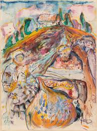 MALCOLM BONNEY (AMERICAN 20TH C.) ACRYLIC ON PAPER, 1978, H 30", W 22",  FIGURES IN A LANDSCAPE