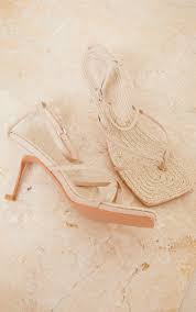 Nude Square Toe Raffia Toe Thong Heeled Sandals Prettylittlething Il