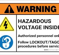 Warning: Hazardous Voltage Inside Follow Lockout Tagout Procedures with  Icons Landscape ANSI - Wall Sign