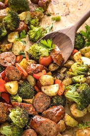 Sheet Pan Chicken Sausage With Broccoli Peppers And Potatoes Recipe Chicken Sausage Recipes Healthy Sheet Pan Dinners Healthy Healthy Sausage Recipes