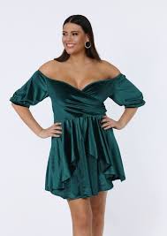 Alicia Green Velvet Wrap Front Ruffle Bardot Skater Dress View Main View Dresses Curves Fashion Plus Size Outfits