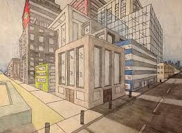 2 Point Perspective City Drawing With Colour Good Example Perspective Drawing Architecture Perspective Drawing Perspective Art