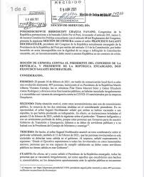 La moción o mociones de censura serían sometidas a votación, que no podría ser anterior al transcurso de cinco días desde la presentación de la es destacable que ninguno de los firmantes de una moción de censura que sea rechazada podrá firmar otra durante el mismo período de sesiones. Congresista Chagua Presento Mocion De Censura A Francisco Sagasti Por Vacunacion De Astete Nndc Peru Gestion