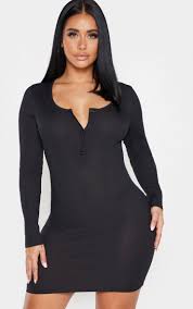 Shape Black Ribbed Button Front Long Sleeve Bodycon Dress In 2020 Long Sleeve Bodycon Dress Long Sleeve Bodycon Bodycon Dress