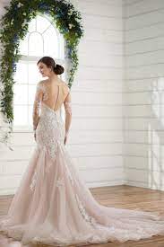 Blush Wedding Dress Idea Fit And Flare Wedding Dress With Long Lace Sleeves And Essense Of Australia Wedding Dresses Designer Wedding Dresses Wedding Gowns
