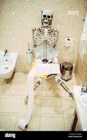Menschliches Skelett mit Buch in der Hand saß auf der Toilette in Restroom,  schwarzer Humor Stockfotografie - Alamy