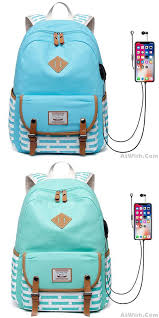New Stripe High School Bag Usb Interface Dot Double Buckle Striped College Large Canvas Backpack Only 34 99 Atwish Com High School Bags School Bags Womens Backpack