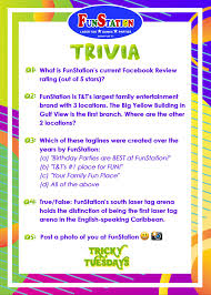 Read on for some hilarious trivia questions that will make your brain and your funny bone work overtime. Funstation Trinidad Tricky Tuesday It S Trivia Time 5 Questions 20 In Precious Funstation Tokens For The First Correct Answer Posted In The Comments For Each Question The Last One Isn T