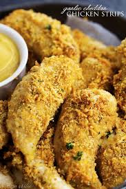 Baked Garlic Cheddar Chicken Strips Garlic Cheddar Chicken Strip Recipes Baked Garlic