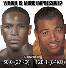 Which record is more impressive? At the pinnacle of Sugar Ray Robinson's  career, he had a record of 128-1 with 84 KOs. He avenged that one loss. He  would eventually pick up