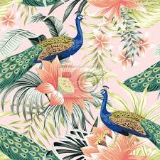 Vintage blue pink floral patchwork duvet set in double king superking curtains. Tropical Vintage Peacock Bird Lotus Flower Palm Leaves Floral Wall Mural Murals Chinese Oriental Banana Myloview Com