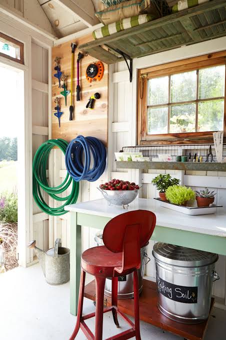 Rubber garden hose in shed