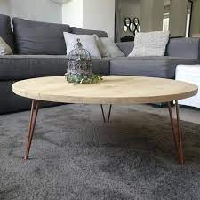 Table Basse Type Scandinave Plateau En Chene Massif Pleine Lame Epaisseur 22mm Diametre 80cm Pieds Epingle Cuivre Ha Furniture Coffee Table Wood Living Table