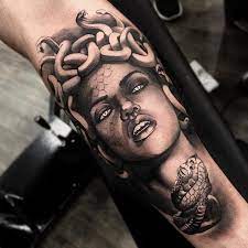 Credit To Matiasnobletattoo Inspo Info Use Celebrities Turned Into Greek Themed Gods Goddesses Medusa Tattoo Medusa Tattoo Design Snake Arm Tattoo