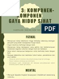 Gaya hidup sehat memiliki banyak komponen. Komponen Komponen Gaya Hidup Sihat