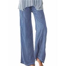 womens casual elastic waist faux denim flared pants