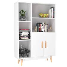 Amazon Com Homfa Floor Storage Cabinet Free Standing Wooden Display Bookcase With Double Doors 2 Shelves 3 Cubes And 4 Legs Side Cabinet Decor Furniture For Home Office White Kitchen Dining