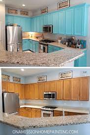Lovell created contrast using white kitchen cabinets with black granite countertops to echo in reverse the white marble top and black cabinetry of the central kitchen island. Kitchen Cabinets Before And After Turquoise Kitchen Cabinets Bright And Cheerful Kitchen From Tabitha Dumas The Color Picker Tabitha Dumas