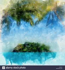 Himmel Insel Im Meer Hinter Zwei Kokospalmen Mit Wasser Malen Zeichnen Computer Wirkung Stockfotografie Alamy