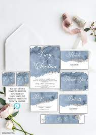 Steal Blue Grey Watercolor Wedding Invitation Set Template Etsy Beach Theme Wedding Invitations Blue Wedding Invitations Trendy Wedding Invitations