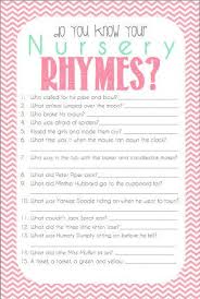 Guests write the answers to these nursery rhyme questions. Nursery Rhyme Quiz Baby Shower Game Printable Ready To Go Nursery Rhymes Funny Baby Shower Games Printable Baby Shower Games