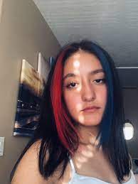 Blue And Red Hair Dyed Bangs Split Dyed Hair Hair Color Streaks Brown Hair Dye