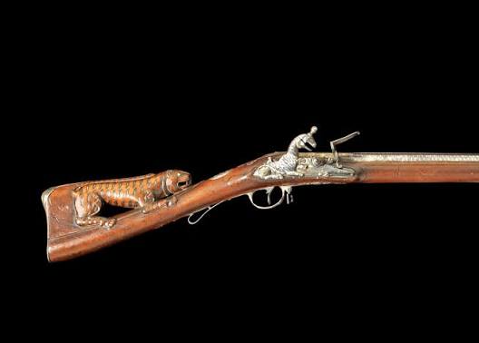 Bonhams : A magnificent two shot superimposed-load silver-mounted Flintlock Sporting Gun from the personal armoury of Tipu Sultan, by Asad Khan-e Muhammad Seringapatam, dated Mawludi 1222/ AD 1793-94